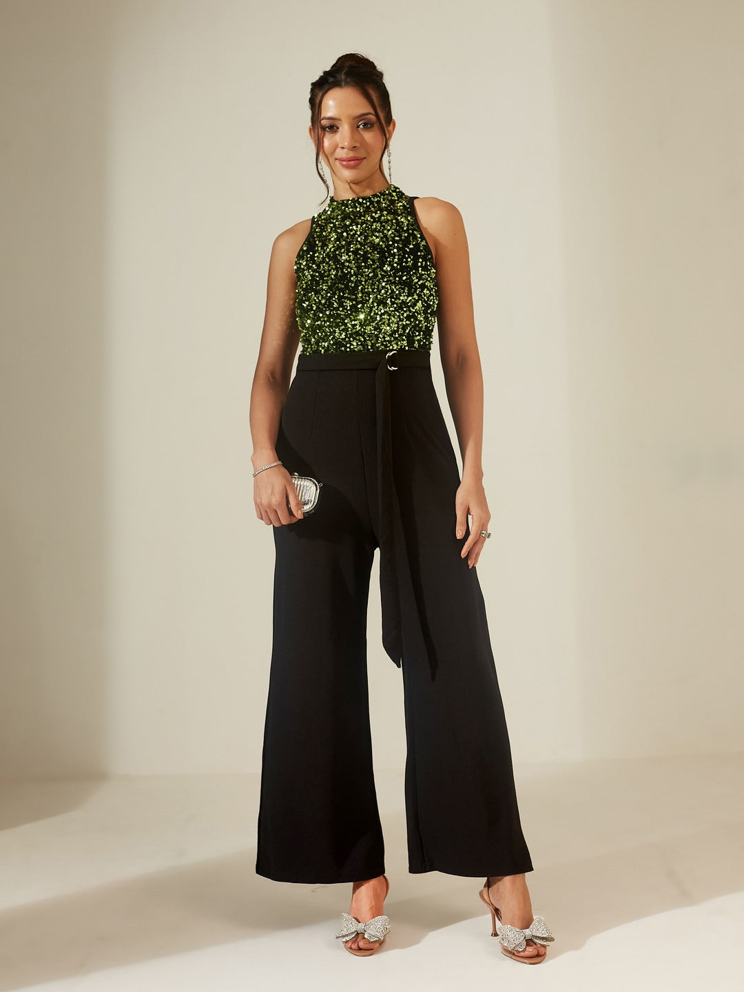 Black And Green Halter Neck Sleeveless Embellished Regular-Length Jumpsuit for Women