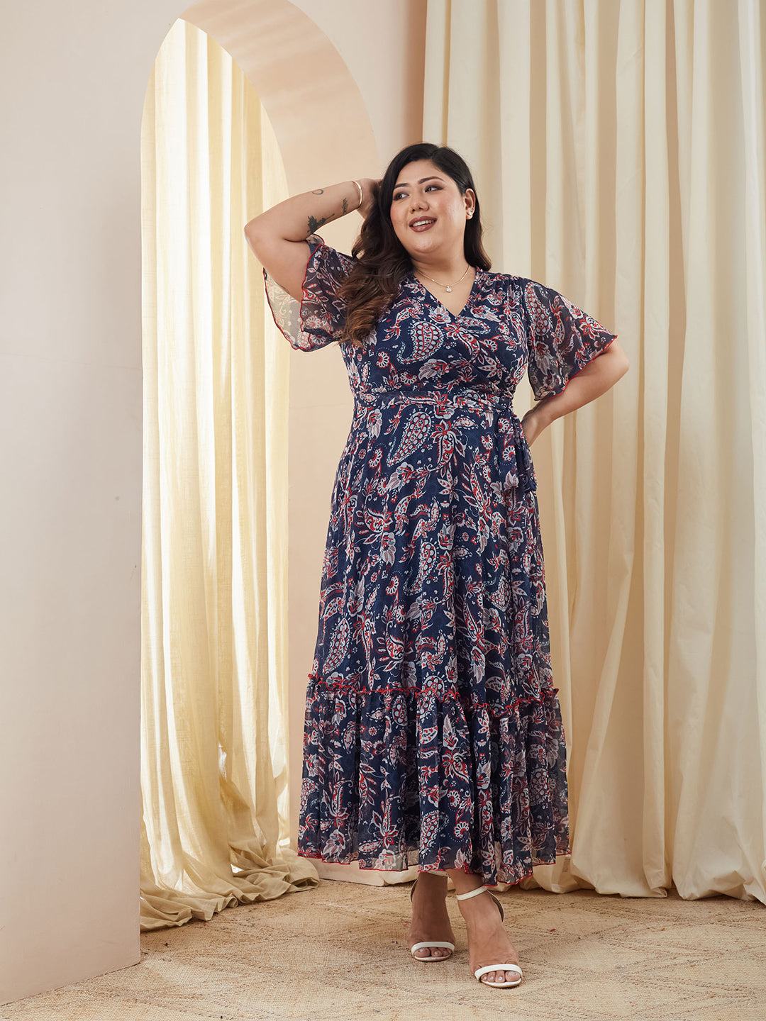 Navy Floral Wrap Chiffon Maxi Dress with Flutter Sleeves & Frilled Hem for Women