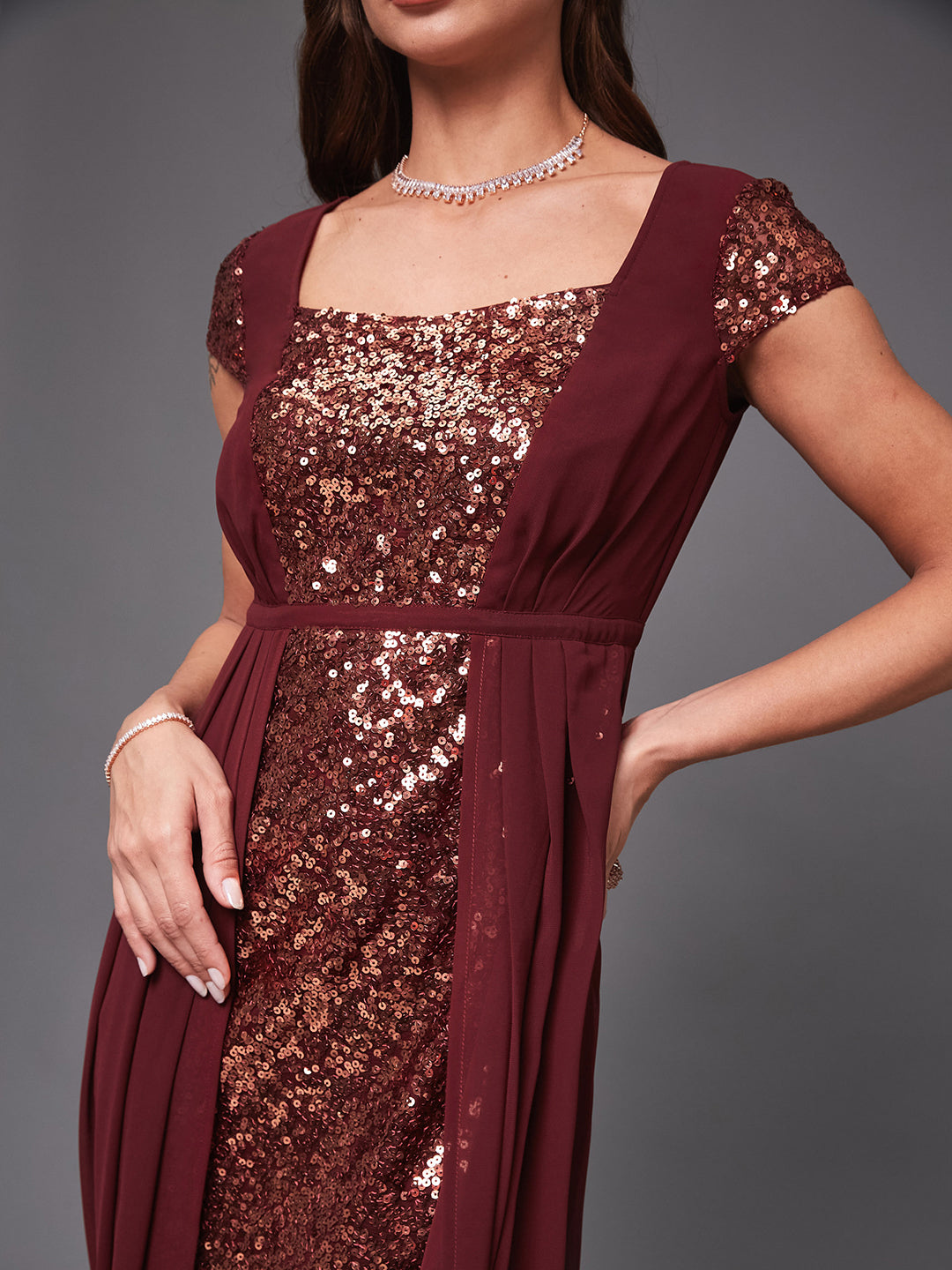 Women's Wine Sequined Fit & Flare Maxi Party Dress