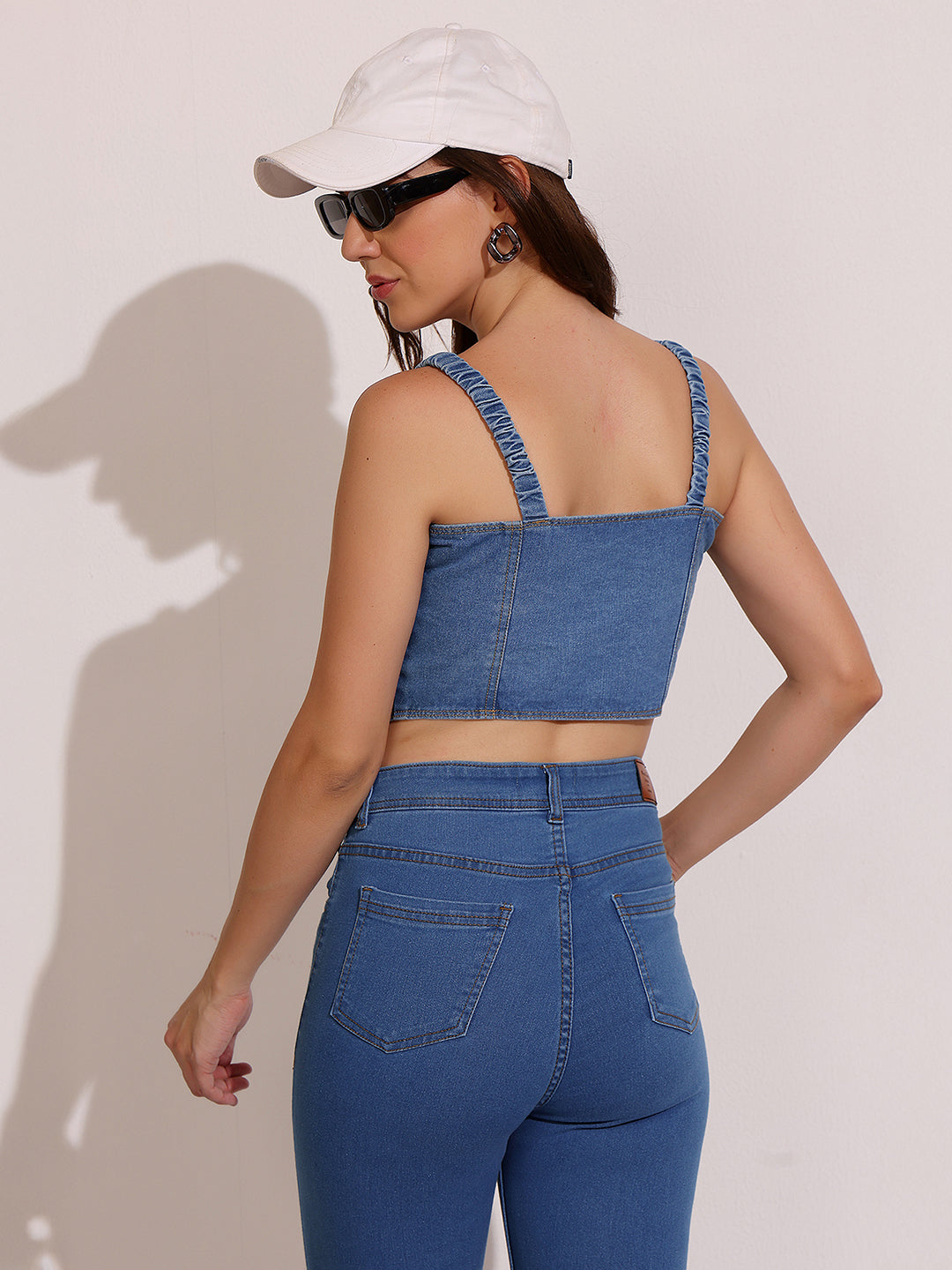 Women's Mid-Blue V-Neck Elasticated Straps Solid Waistcoat-Styled Cropped Denim Top