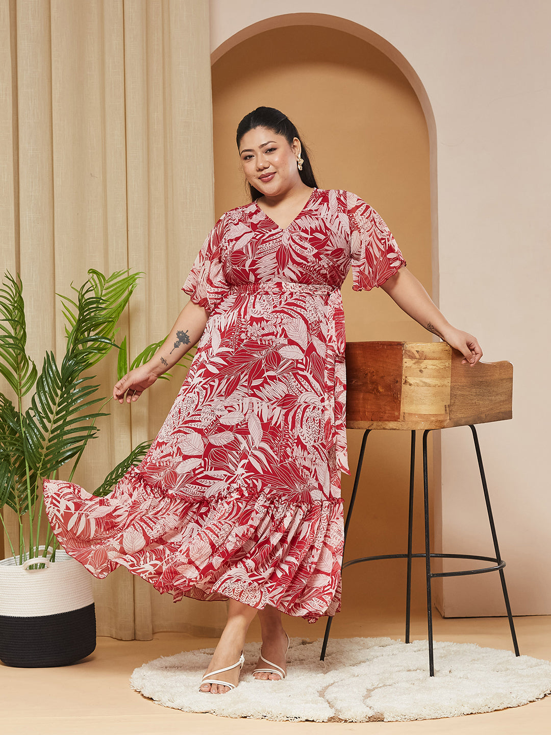 Multicolored-Base-Maroon V-Neck Flared-Sleeves Floral Wrap Maxi Dress for Women