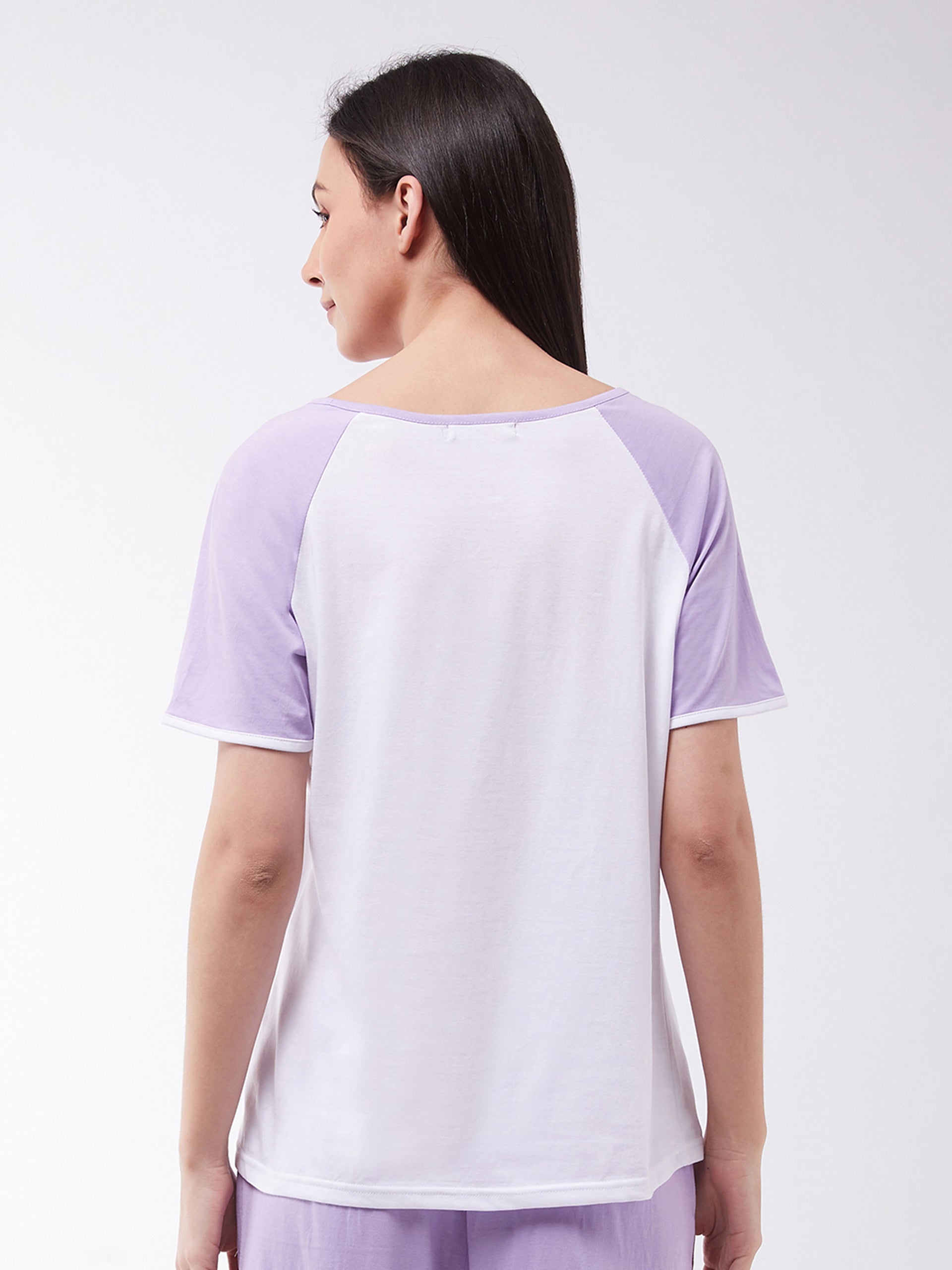 Women's White and Lilac Regular length Printed Short Sleeves Round Neck T-shirt