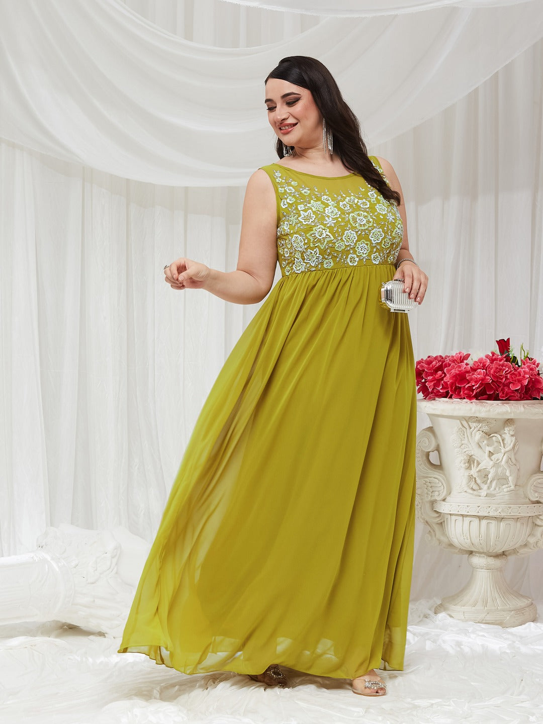 Lemon Green Boat Neck Sleeveless Embroidered Georgette Gathered Maxi Dress for Women — Miss Chase A+