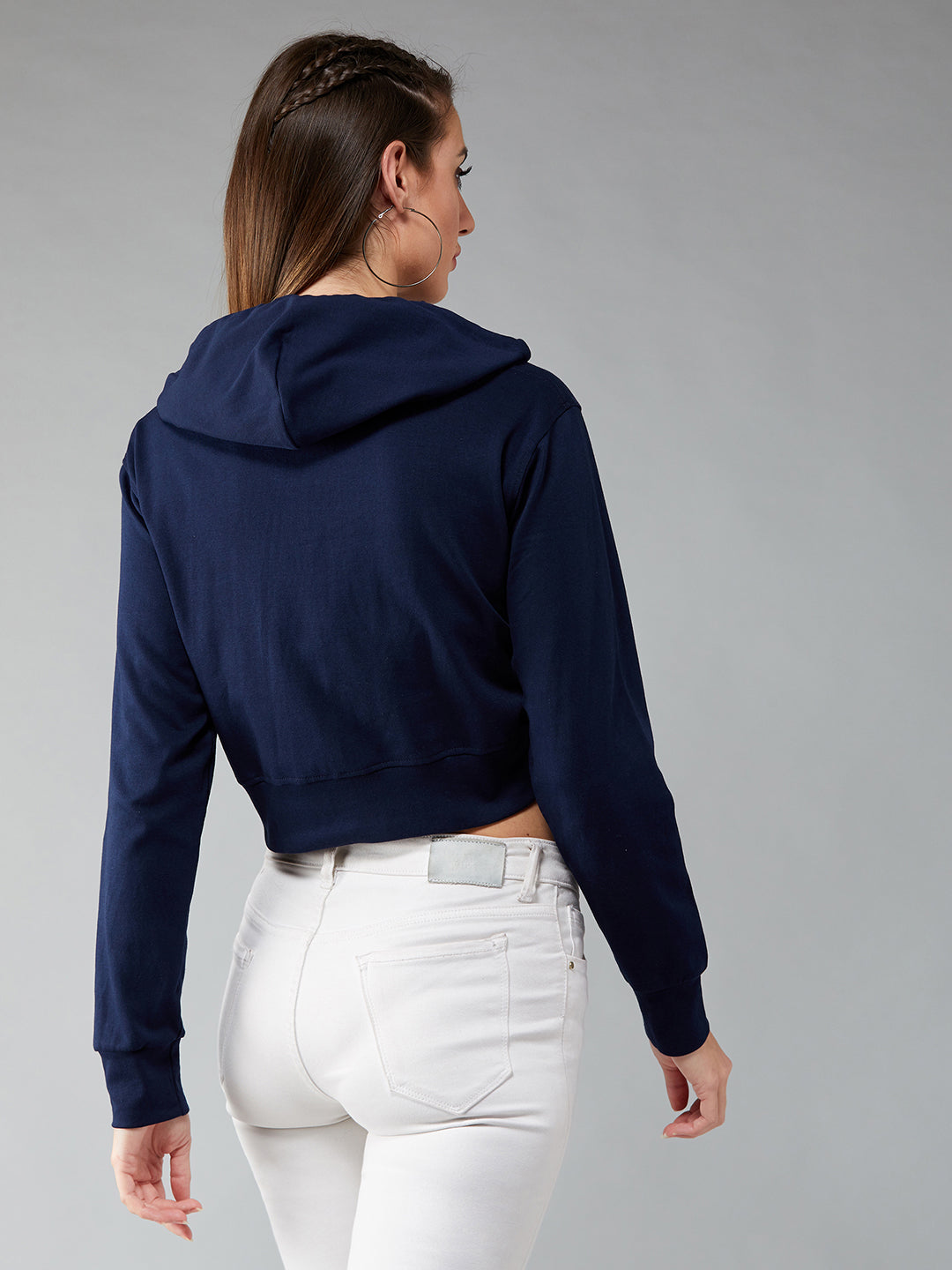 Women's Navy Blue Solid Round Neck Full Sleeve Hooded Boxy Crop Zippered Sweatshirt