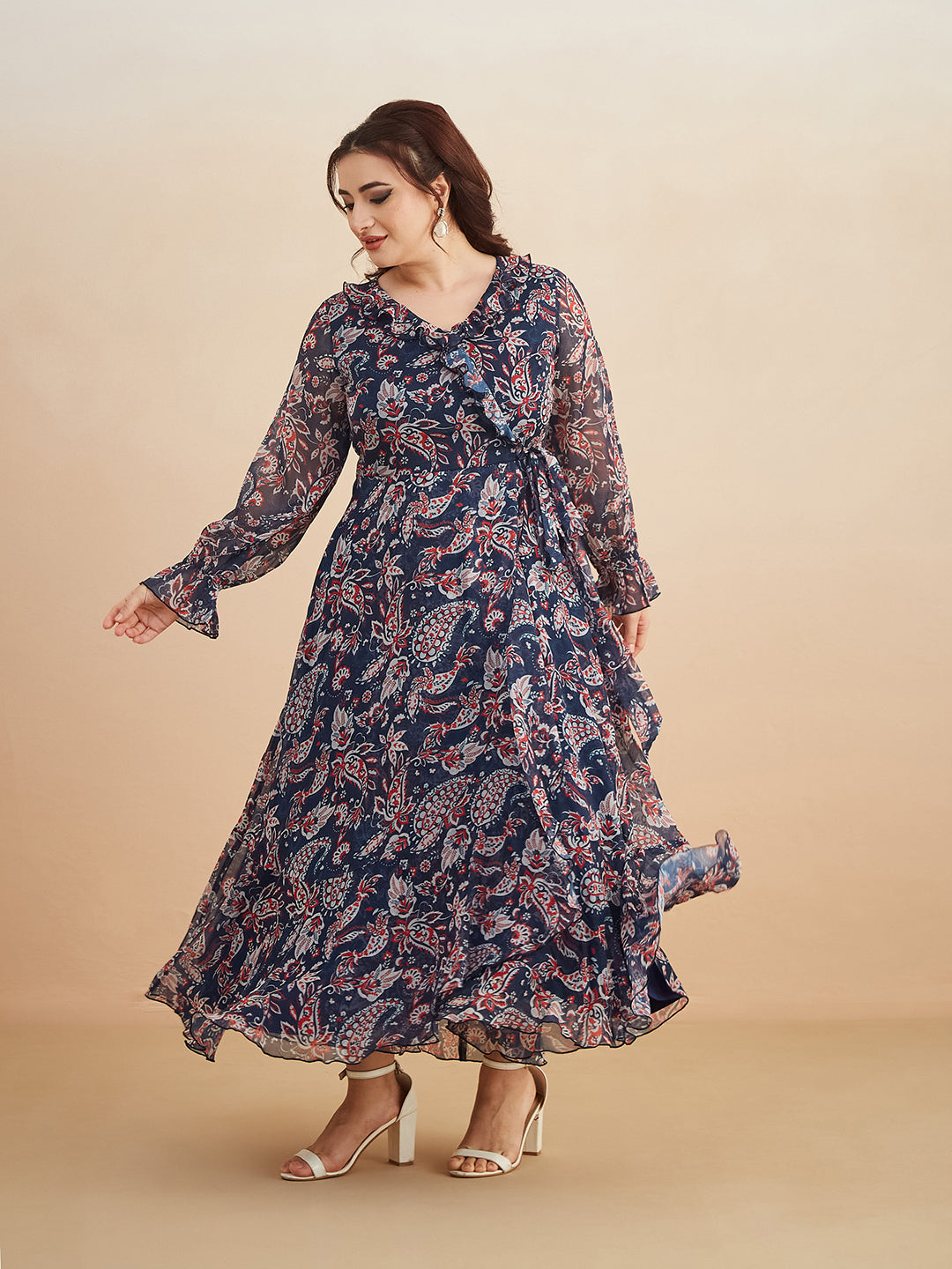 Multicolored-Base-Navy-Blue V-Neck Full Sleeves Polyester Relaxed Fit Midi Length Dress for Women