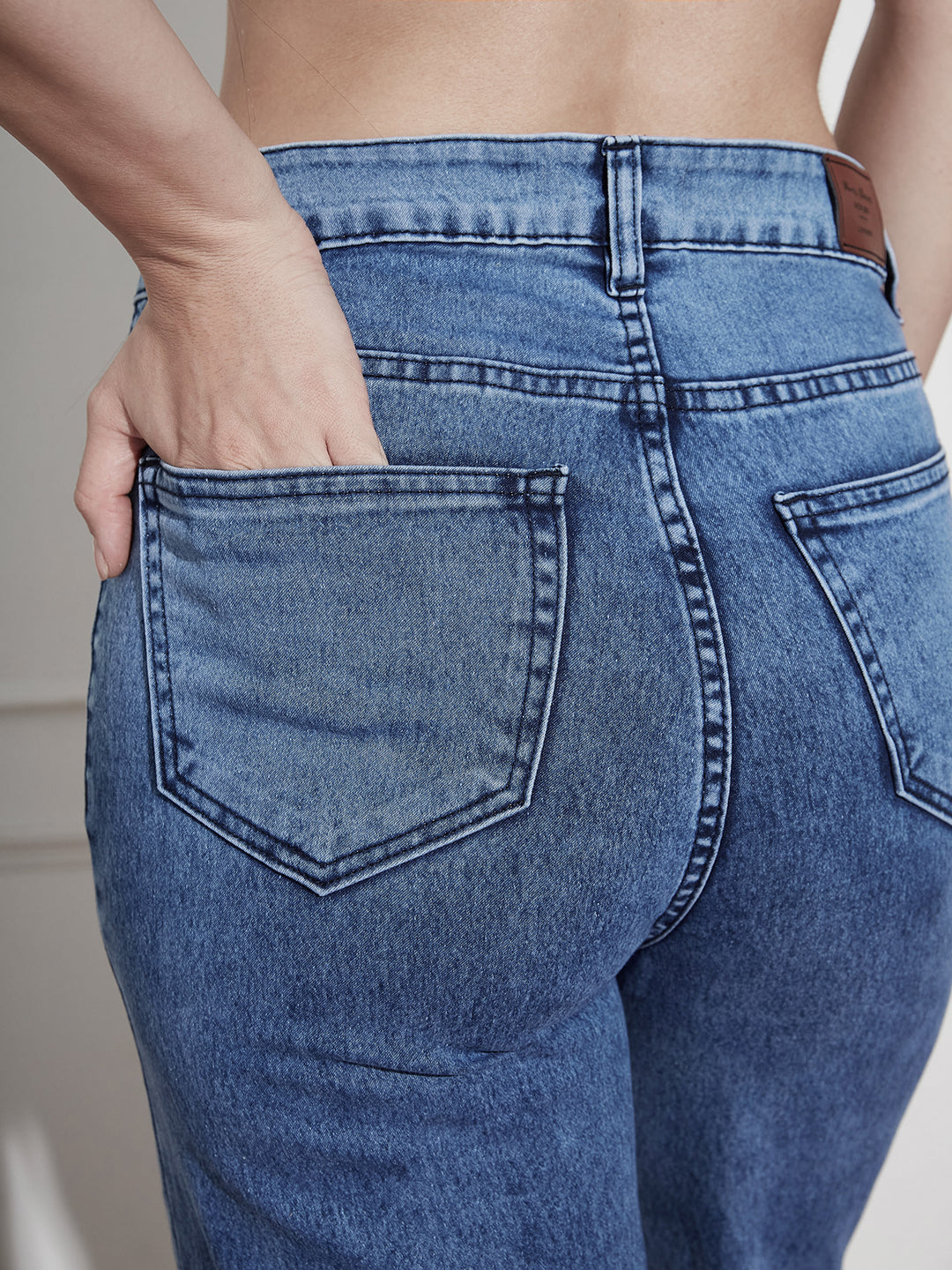 Women's Mid-Blue Wide-Leg High Rise Regular-Length Stretchable Denim Jeans