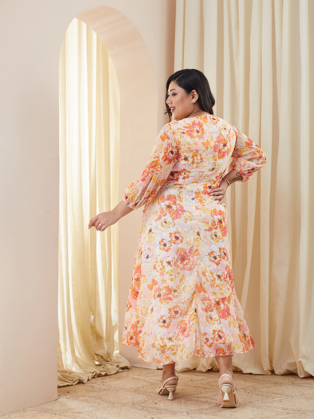 Pink & Orange V-Neck Bishop Floral Layered Chiffon Maxi Dress for Women