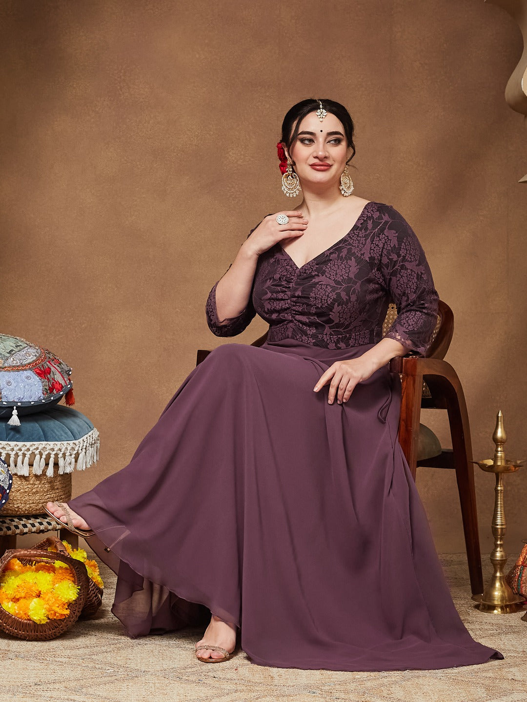 Mauve V-Neck Raglan-Sleeve Self-Designed Empire-Styled Georgette Maxi Dress for Women