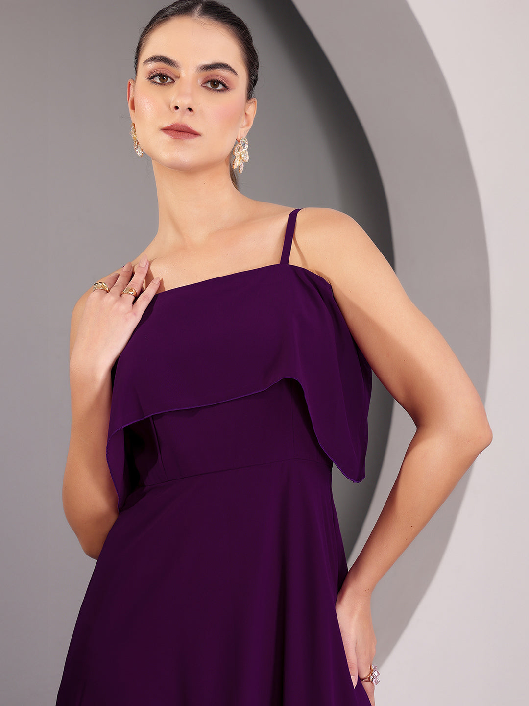 Women's Purple Bardot Style Sleeveless Spaghetti Strap Solid Off Shoulder Midi Skater Dress