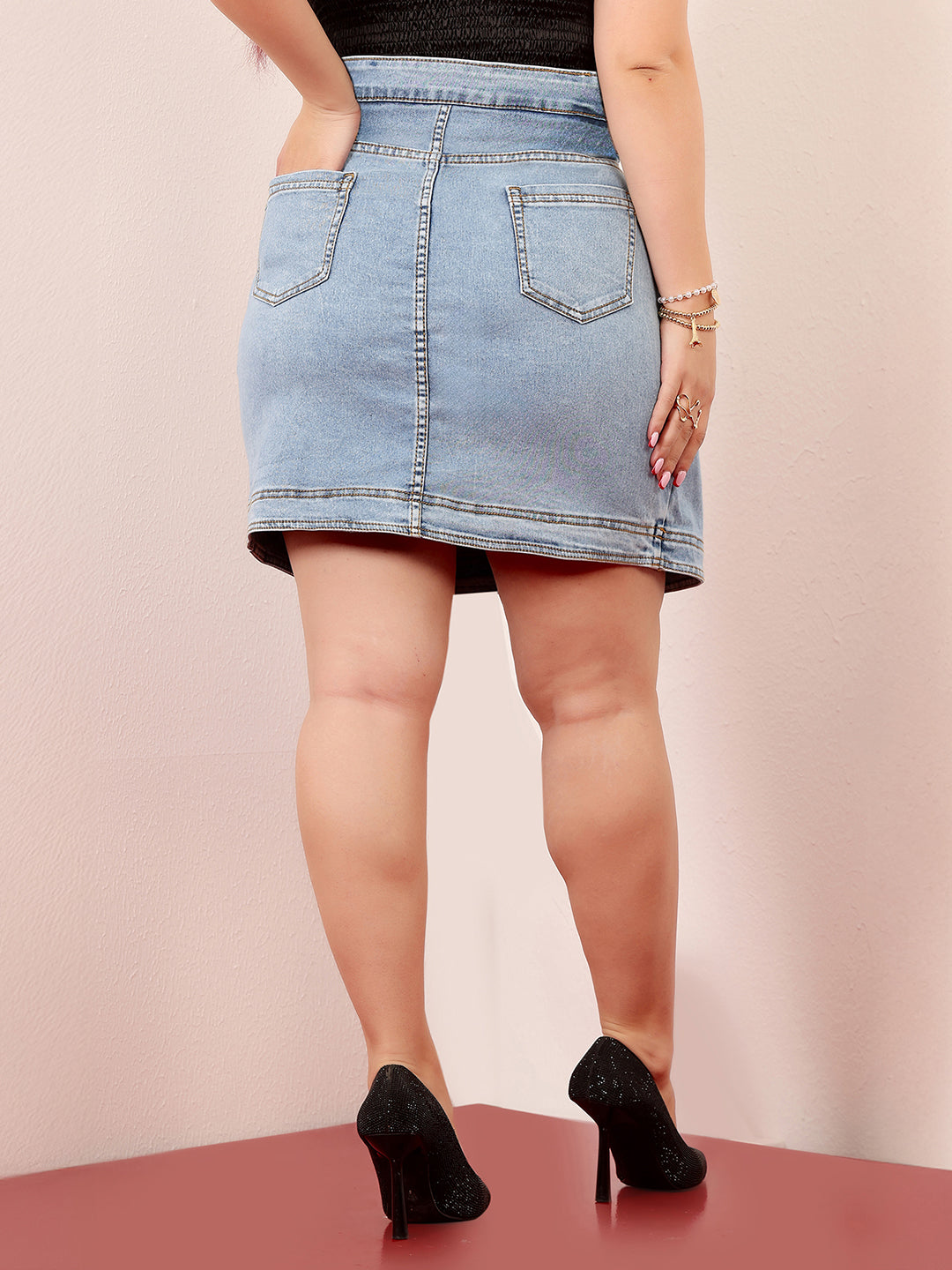 Women's Light Blue Regular High-Rise Above Knee Stretchable Denim Skirt