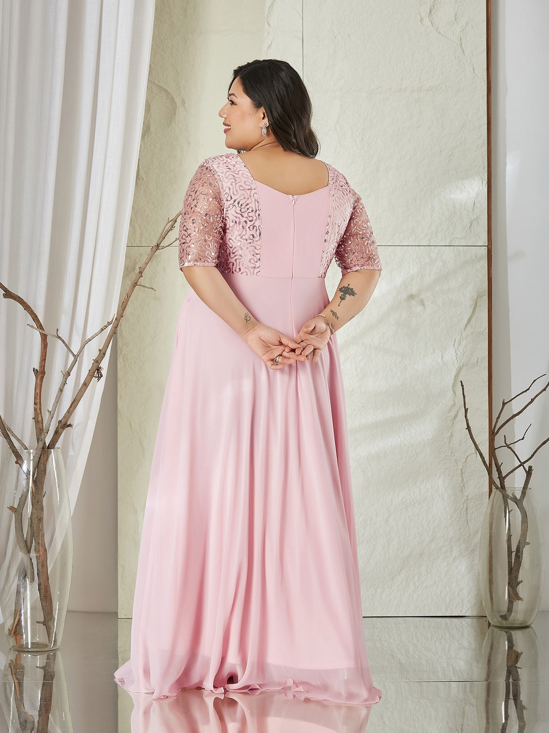 Dusty Pink Square Neck Half Sleeve Solid Embellished Maxi Dress for Women
