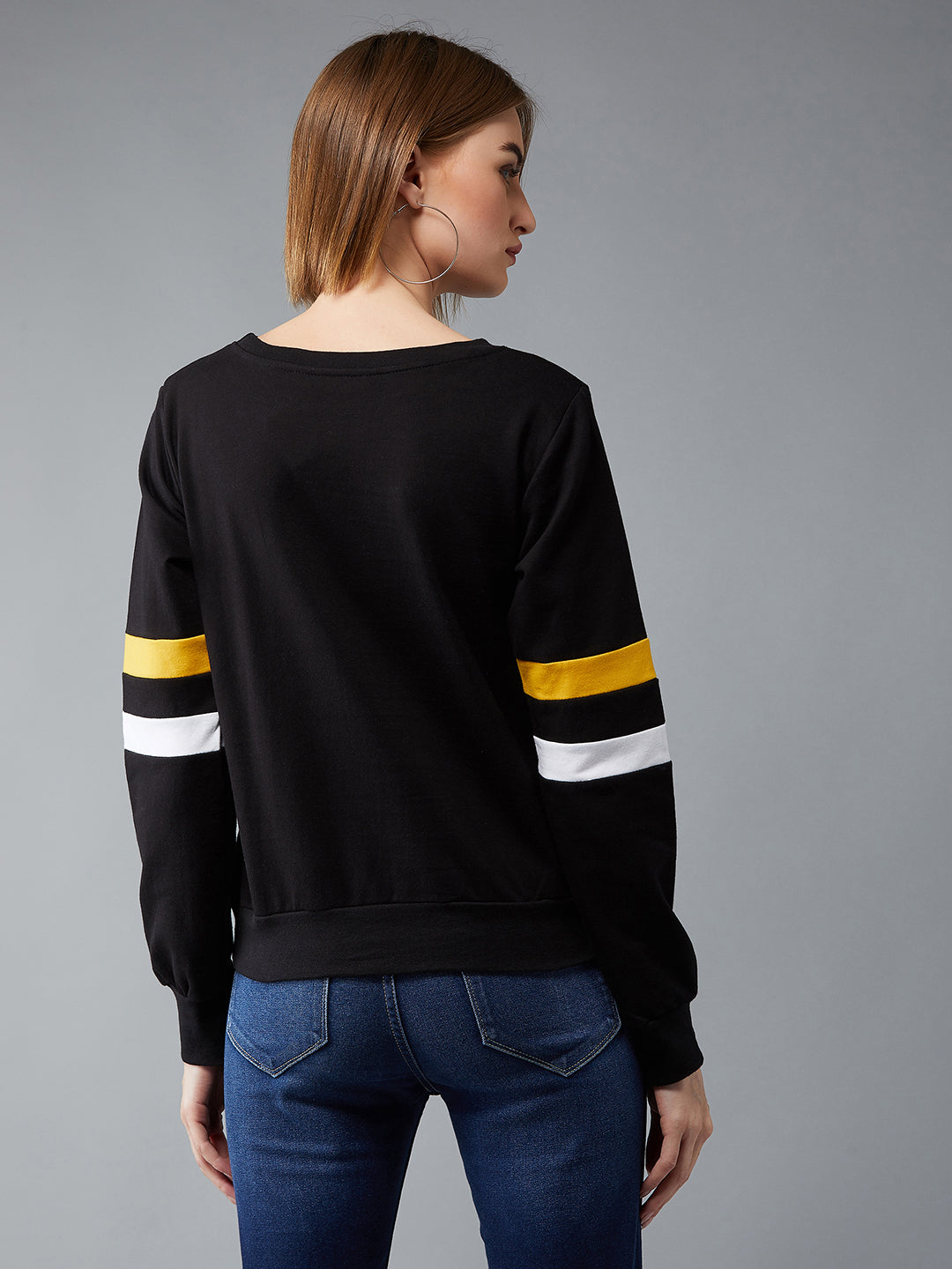 Women's Black Round Neck Full Sleeves Cotton Solid Boxy Colorblock Paneled Sweatshirt