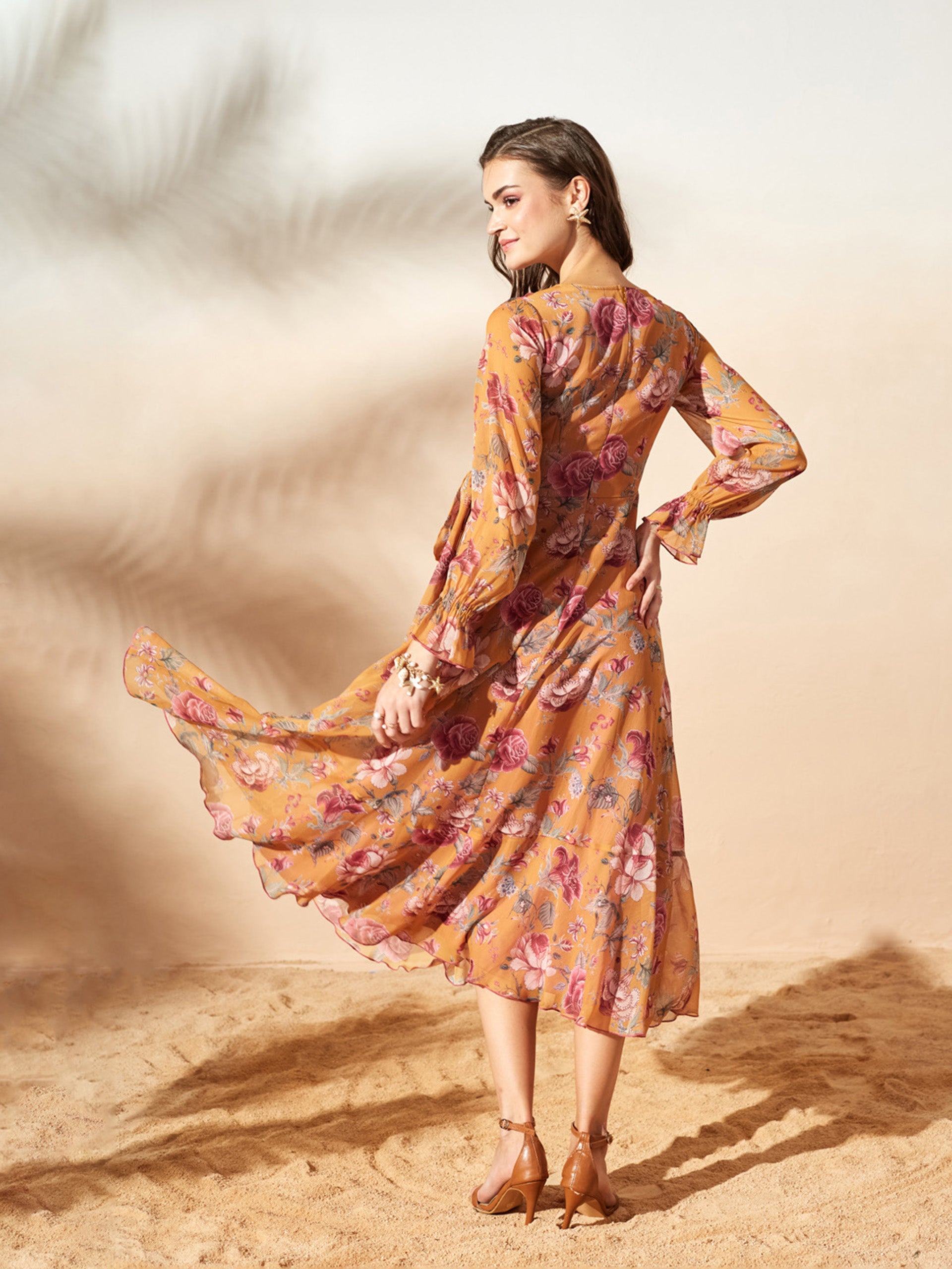 Women’s Multicolored Mustard Bohemian Ruffled Tie-Up Midi Chiffon Dress for Women