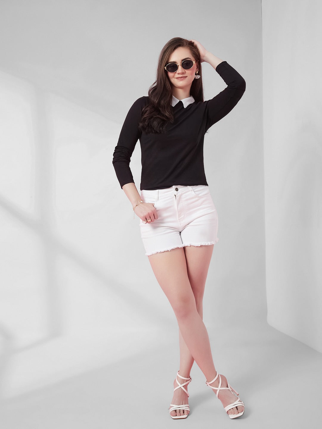 Black Collared Round Neck Full Sleeve Cotton Solid Buttoned Top for Women