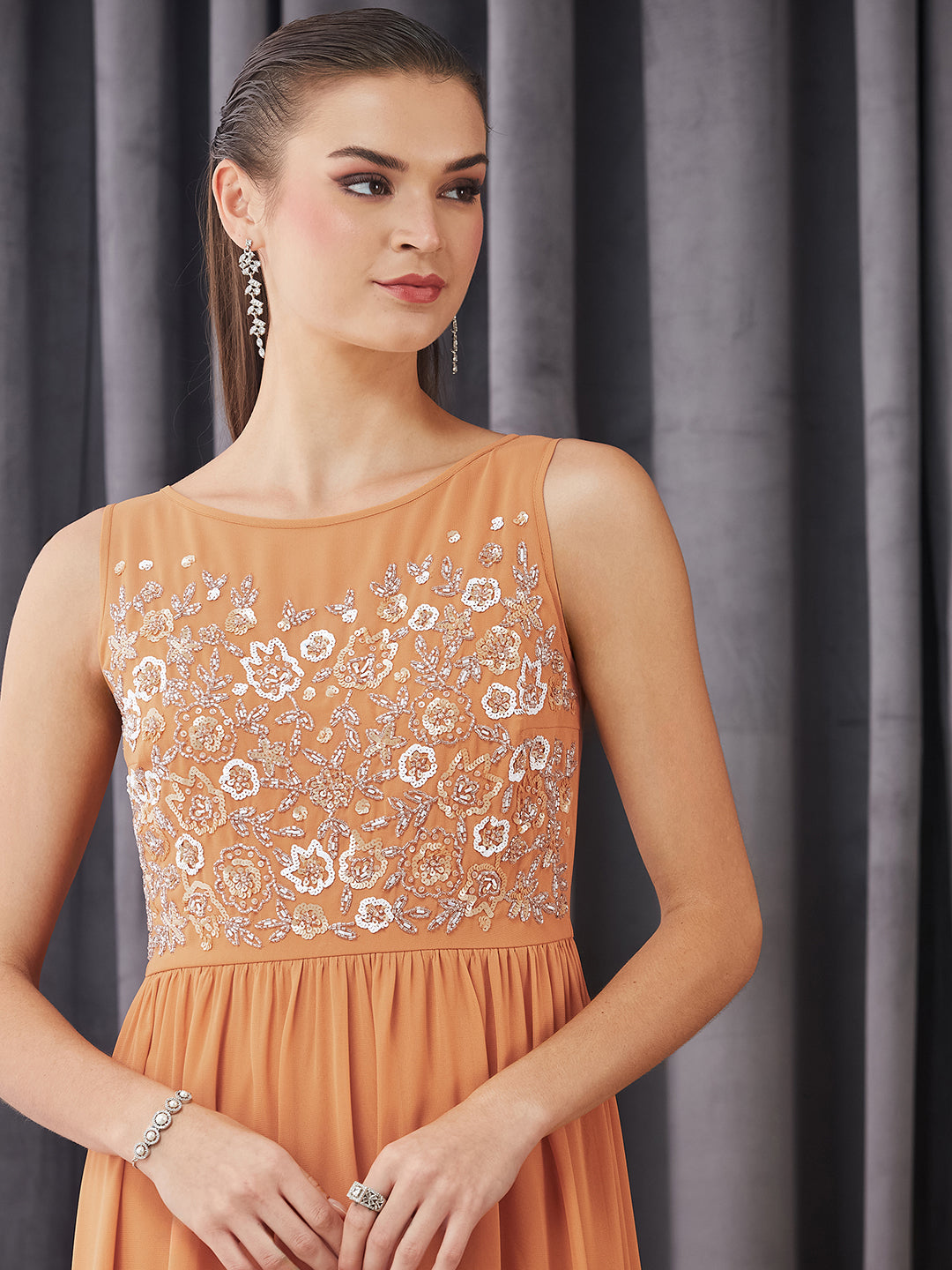 Women's Dusty Orange Boat Neck Sleeveless Embroidered Georgette Gathered Maxi Dress