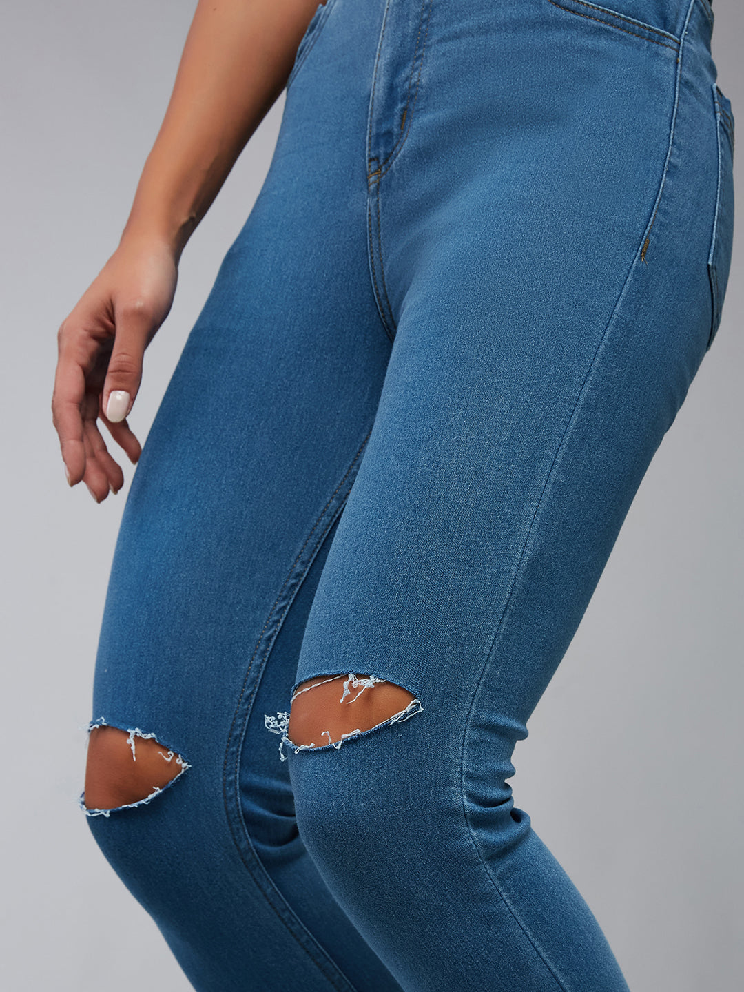 Women's Blue Skinny Fit High Rise Mildly Distressed Regular Stretchable Denim Jeans