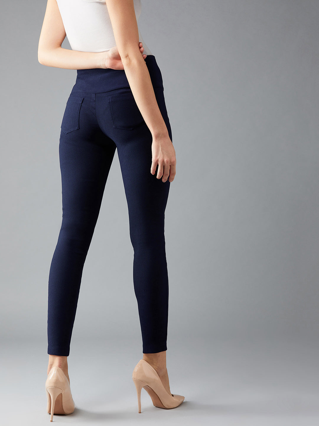 Women's Navy Blue Solid Skinny Zippered High Waist Regular Length Treggings