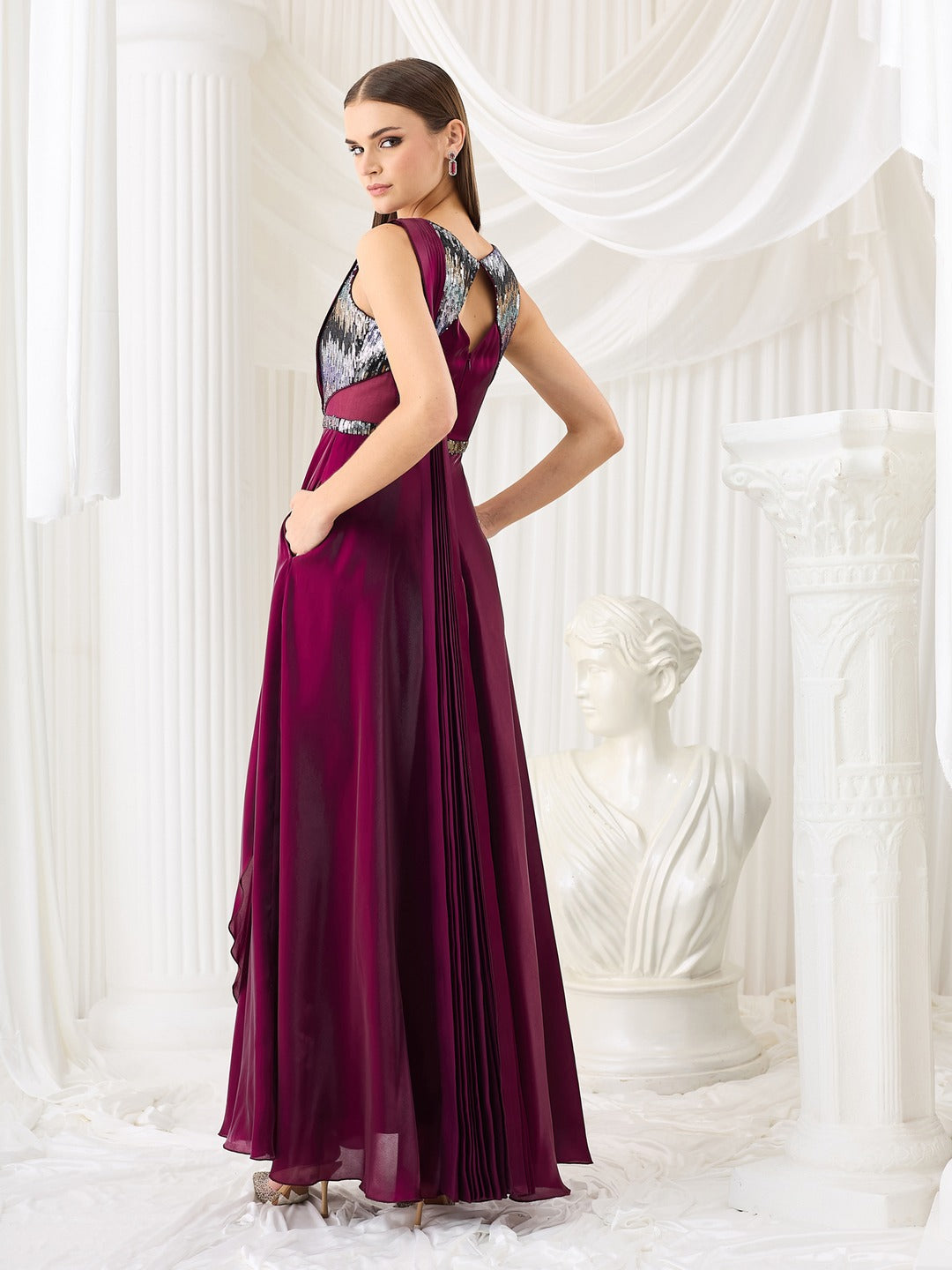 Round Neck Gown in Dark Purple with Embellished Satin Layers for Women