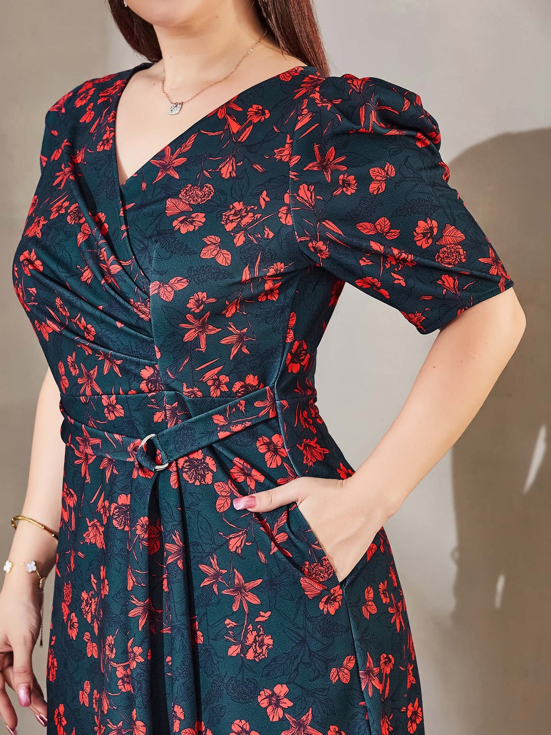 Teal V-neck Puff Sleeve Floral Wrap Midi Dress for Women