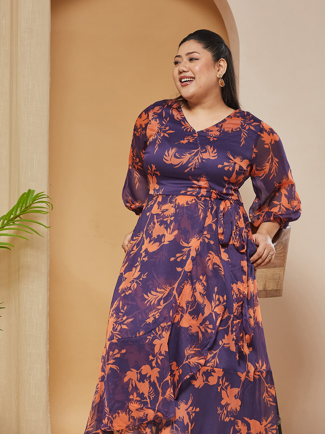 Multicolored-Base-Purple V-Neck Three-Quarter Sleeve Floral Wrap Chiffon Midi Dress for Women