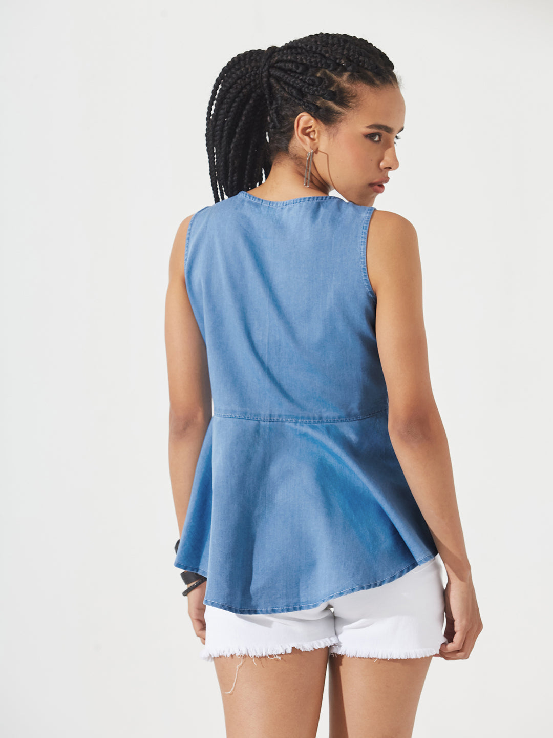 Blue Round Neck Sleeveless Denim Front Open Solid Hooded Peplum Top for Women