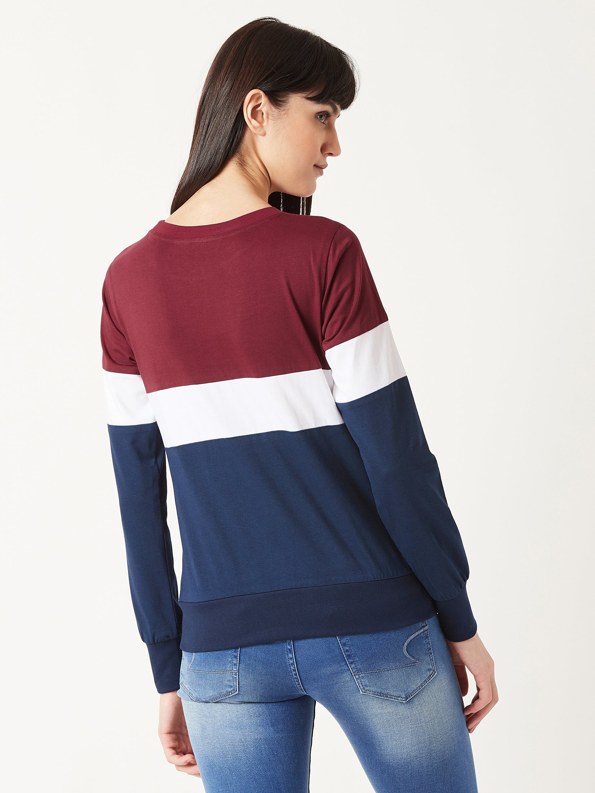 Women's Multicolored With A Navy Blue Base Round Neck Full Sleeves Cotton Solid Boxy Paneled Color block Sweatshirt