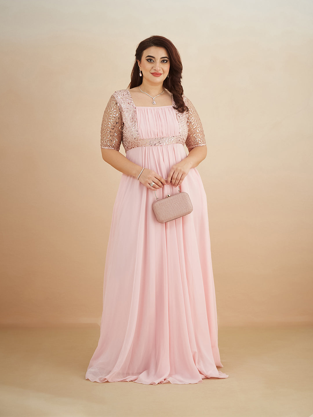 Dusty Pink Square Neck Half Sleeve Solid Embellished Maxi Dress for Women