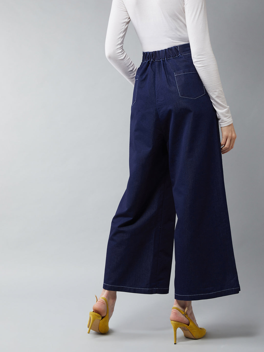 Women's Navy Blue Wide-Leg High Rise Light Weight Clean Look Regular Length Denim Pants