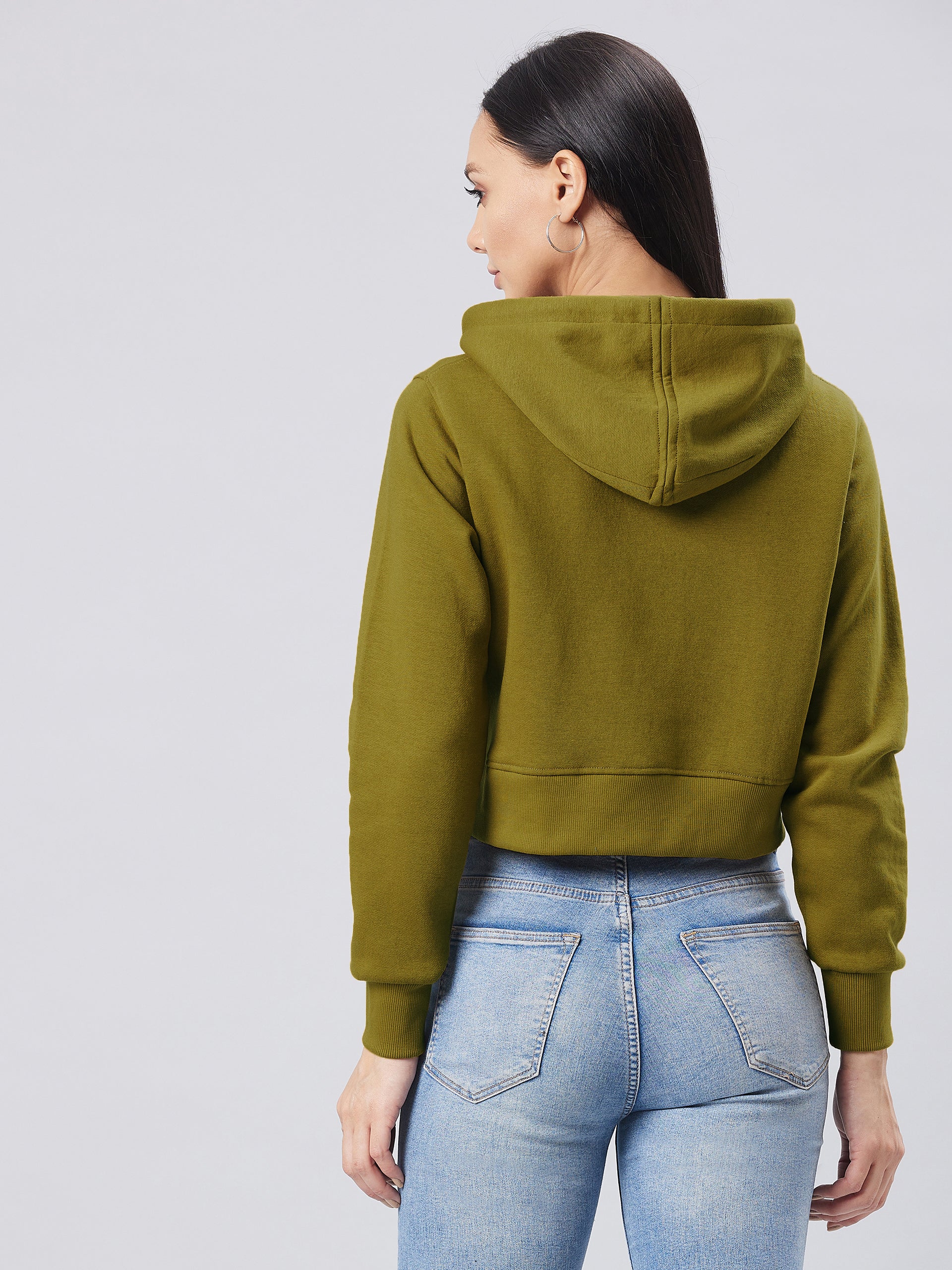 Women's Olive Round Neck Full Sleeve Solid Hooded Crop Sweatshirt