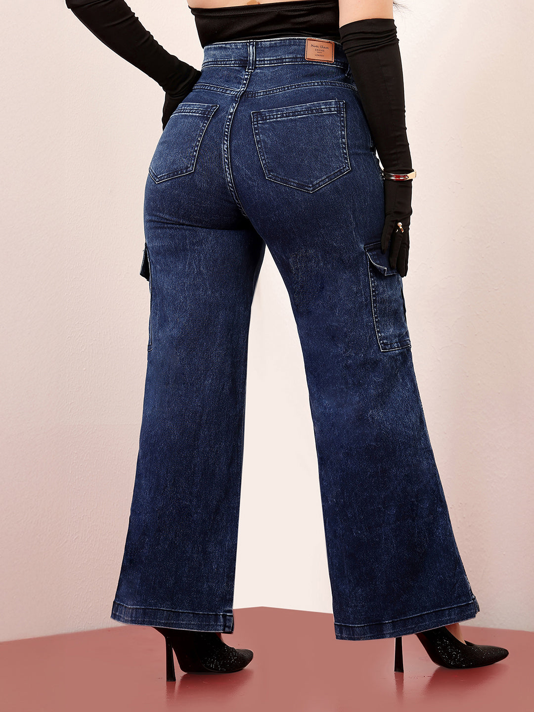 Women's Blue Wide-Leg High-Rise Clean-Look Stretchable Denim Cargo Jeans