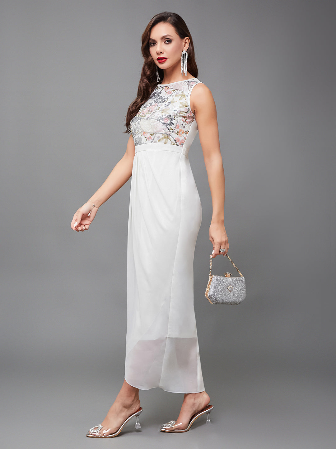 Women's Cocktail Multicolored-Base-Off White Sleeveless Embellished Pleated Maxi Dress