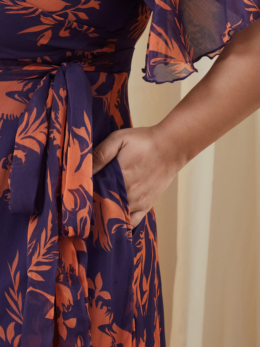 Purple & Orange Floral Wrap Chiffon Maxi Dress with Flutter Sleeves & Frilled Hem for Women