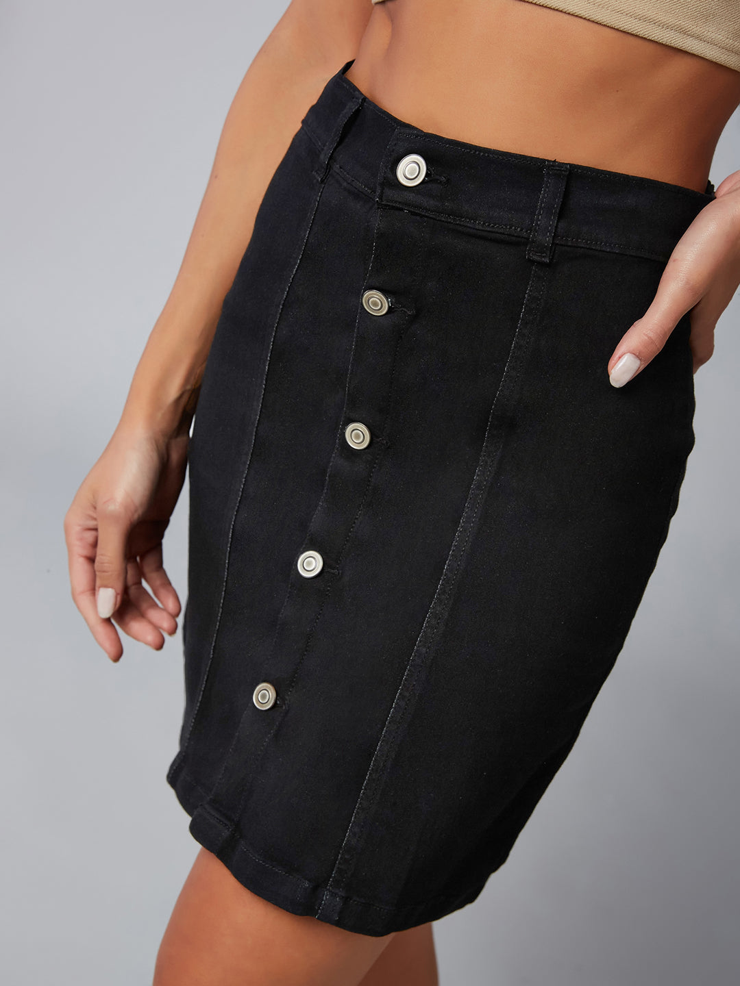 Women's Black Stretchable Solid Bodycon Mini Denim Skirt
