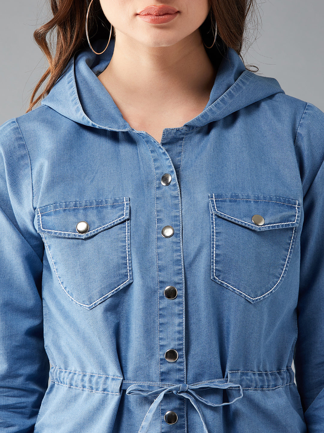 Women's Light Blue Round Neck Full Sleeve Solid Long Hoodie With Tie-Up Regular Jacket