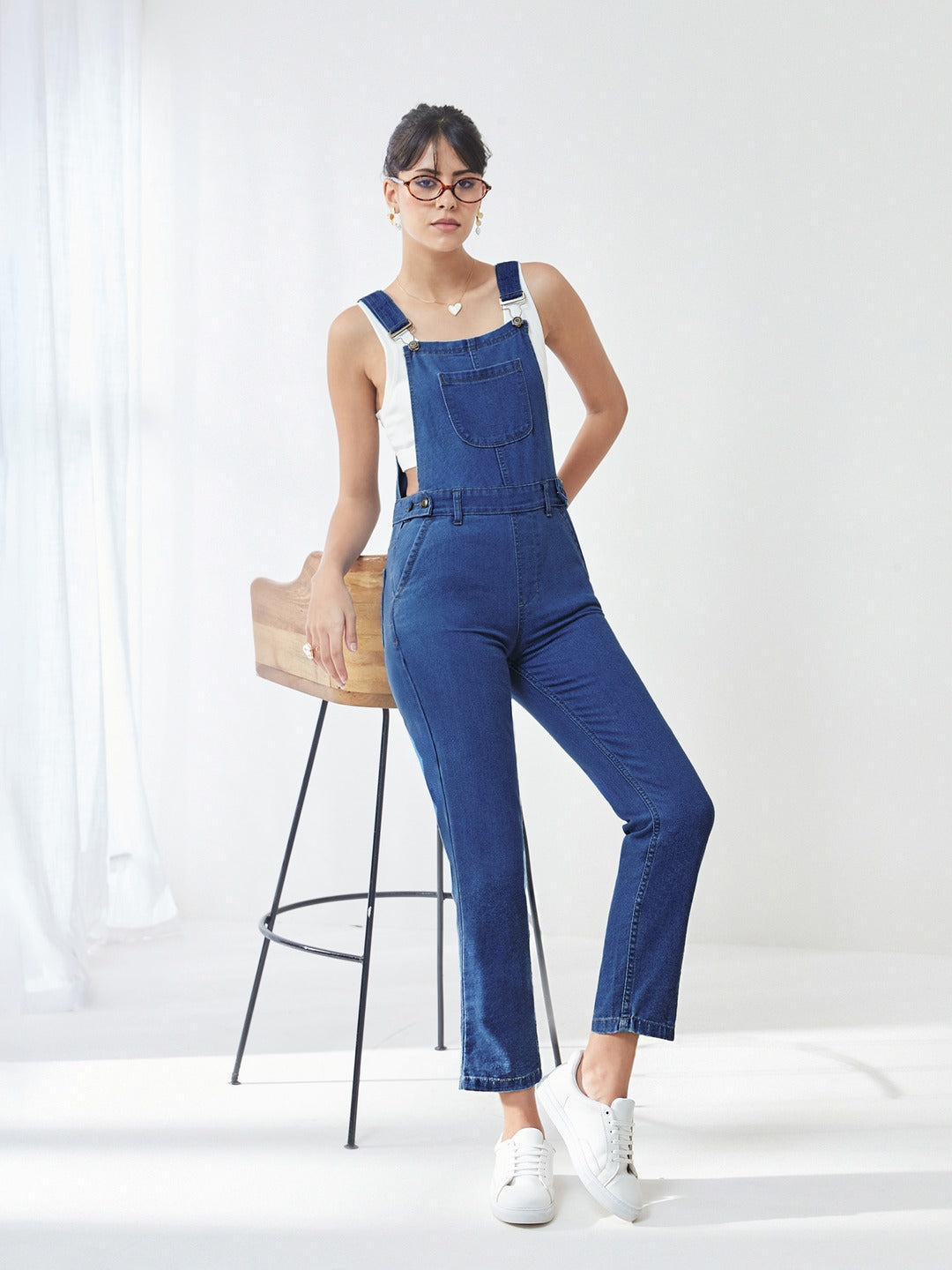 Blue Regular Fit Mid Rise Regular Length Denim Dungaree  for Women