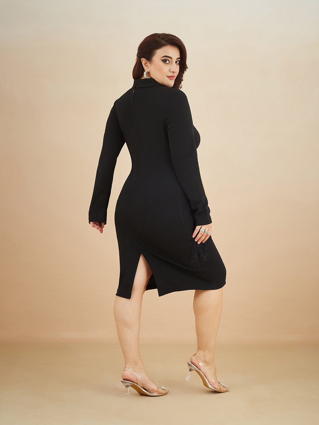 Black Solid Collared Neck Full Sleeve Polyester Bodycon Knee Length Dress for Women — Miss Chase A+