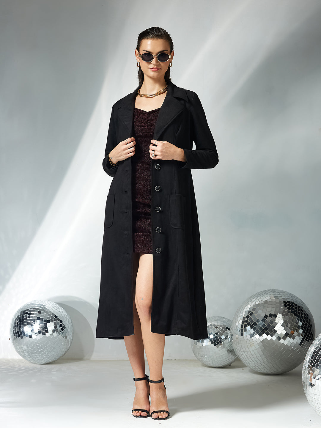 Women's Black Solid V-Neck Full Sleeves Patched Pocketed Polyester Button Down Longline Winter Wear Jacket