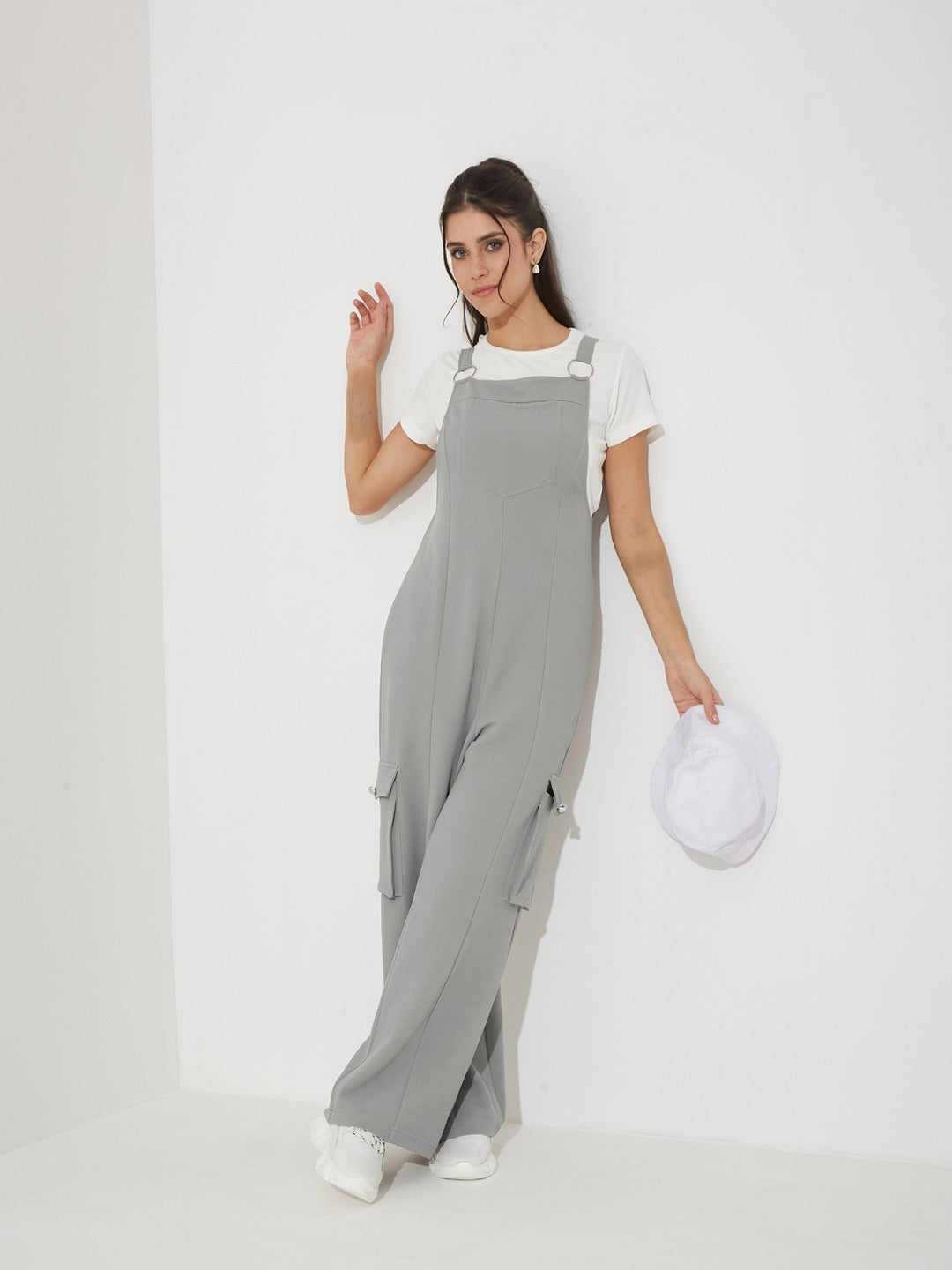 Solid Grey Dungarees for Women