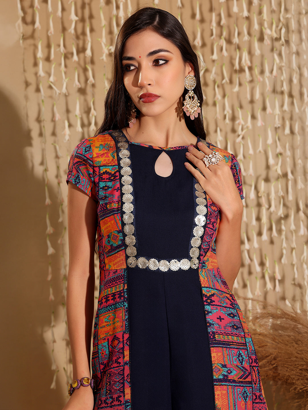 Women's Multicolored Keyhole-Neck Regular-Sleeve Bohemian Paneled Viscose-Rayon Regular-Length Jumpsuit