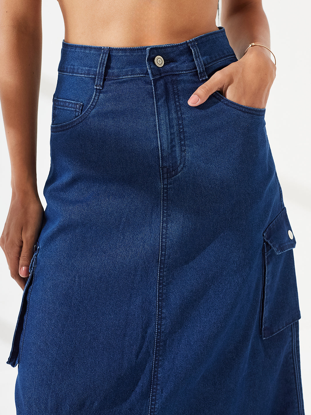 Navy Blue Baggy High-Rise Ruched Parachute Stretchable Denim Midi Skirt for Women