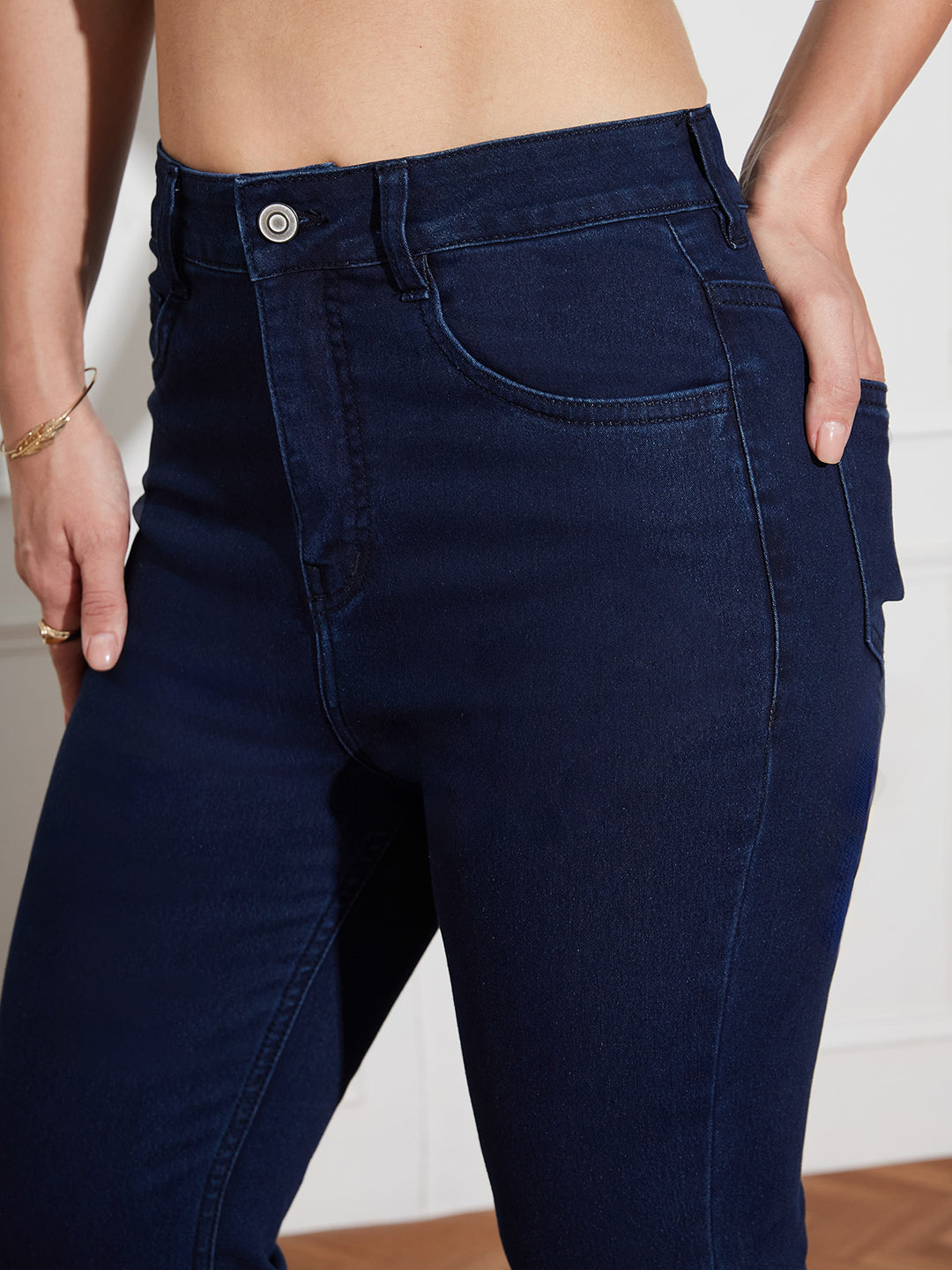 Women's Navy Blue High Rise Clean LooK Stretchable Denim Bootcut Jeans