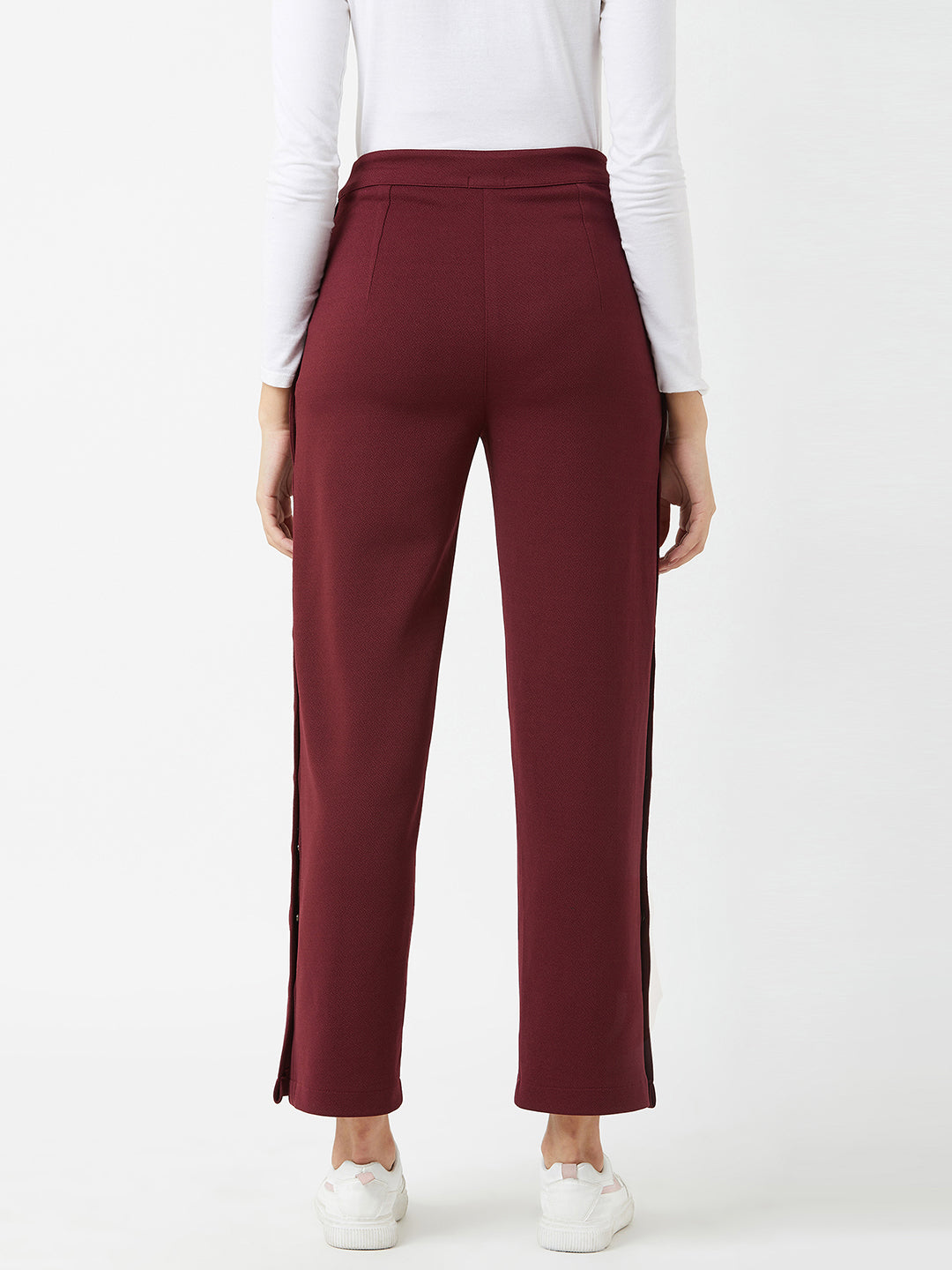 Crease Ease Women's Wine Red Solid Regular Fit Flared Parallel Trousers