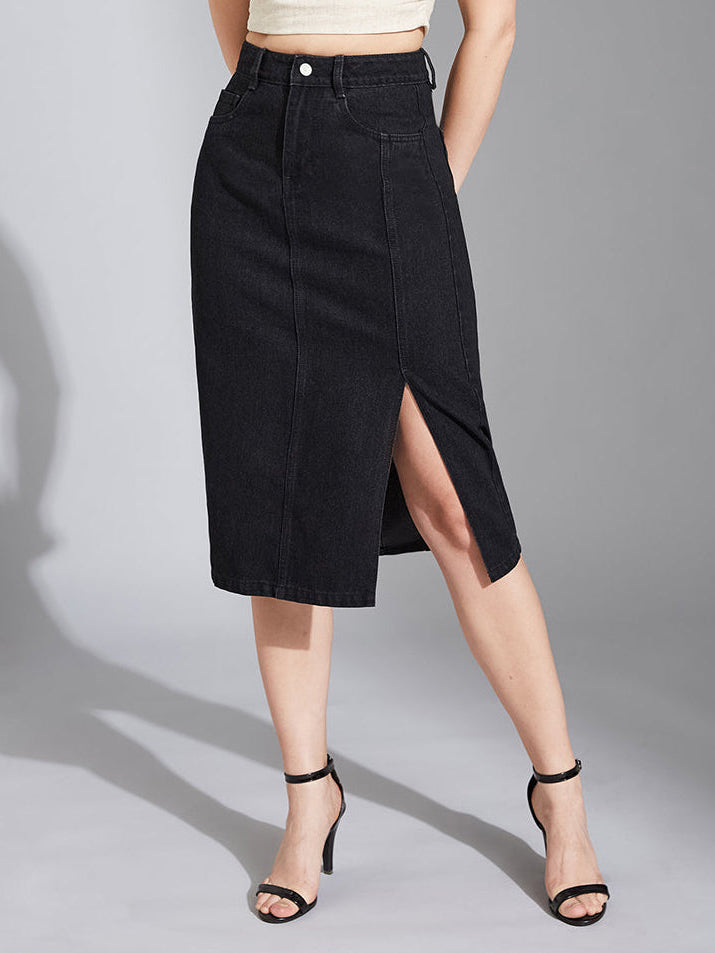 Black Straight-Fit High-Rise Clean-Look Stretchable Denim Midi Skirt for Women
