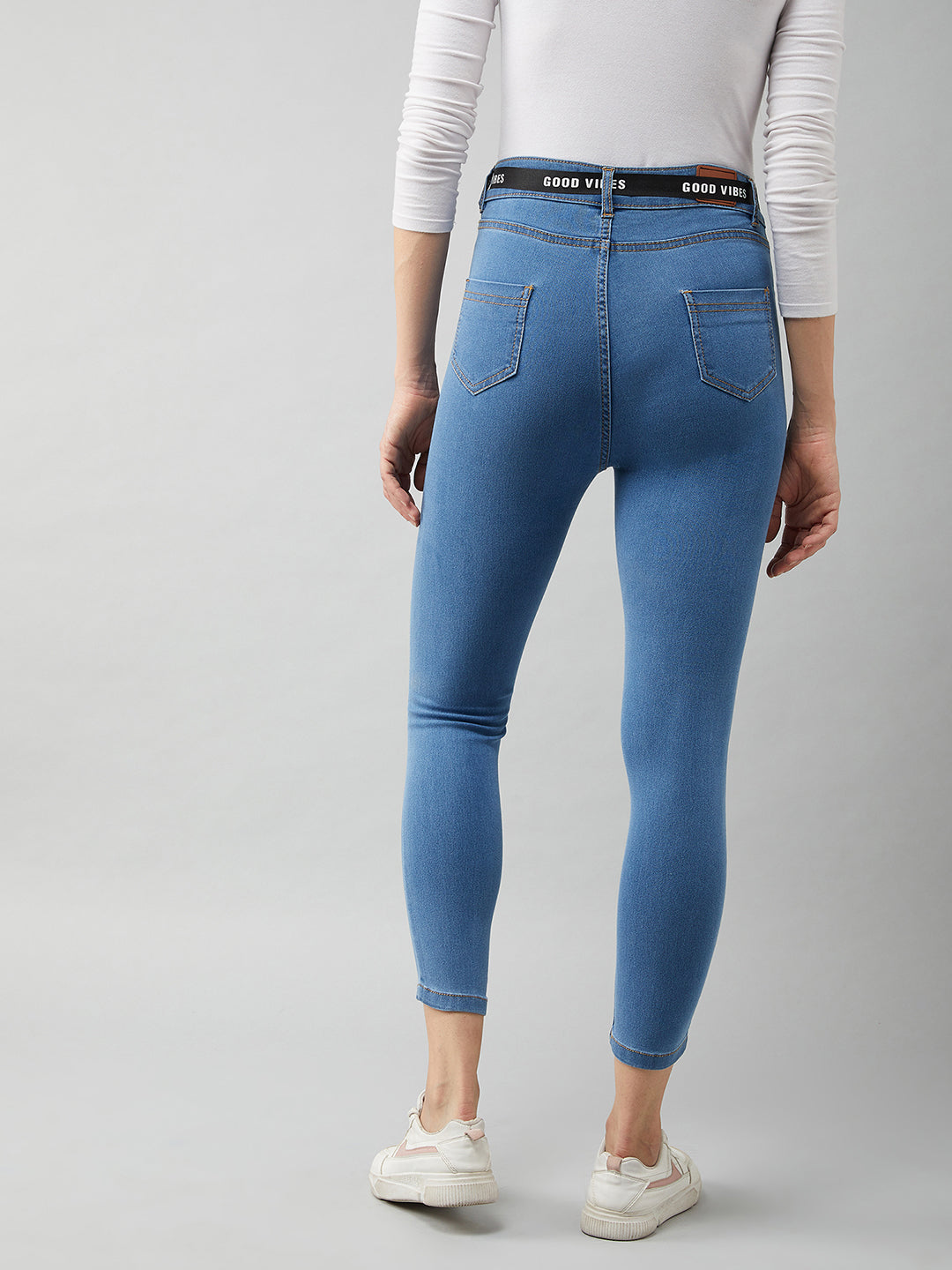 Women's Blue Cotton Skinny Fit Cropped High Rise Stretchable Denim Jeans