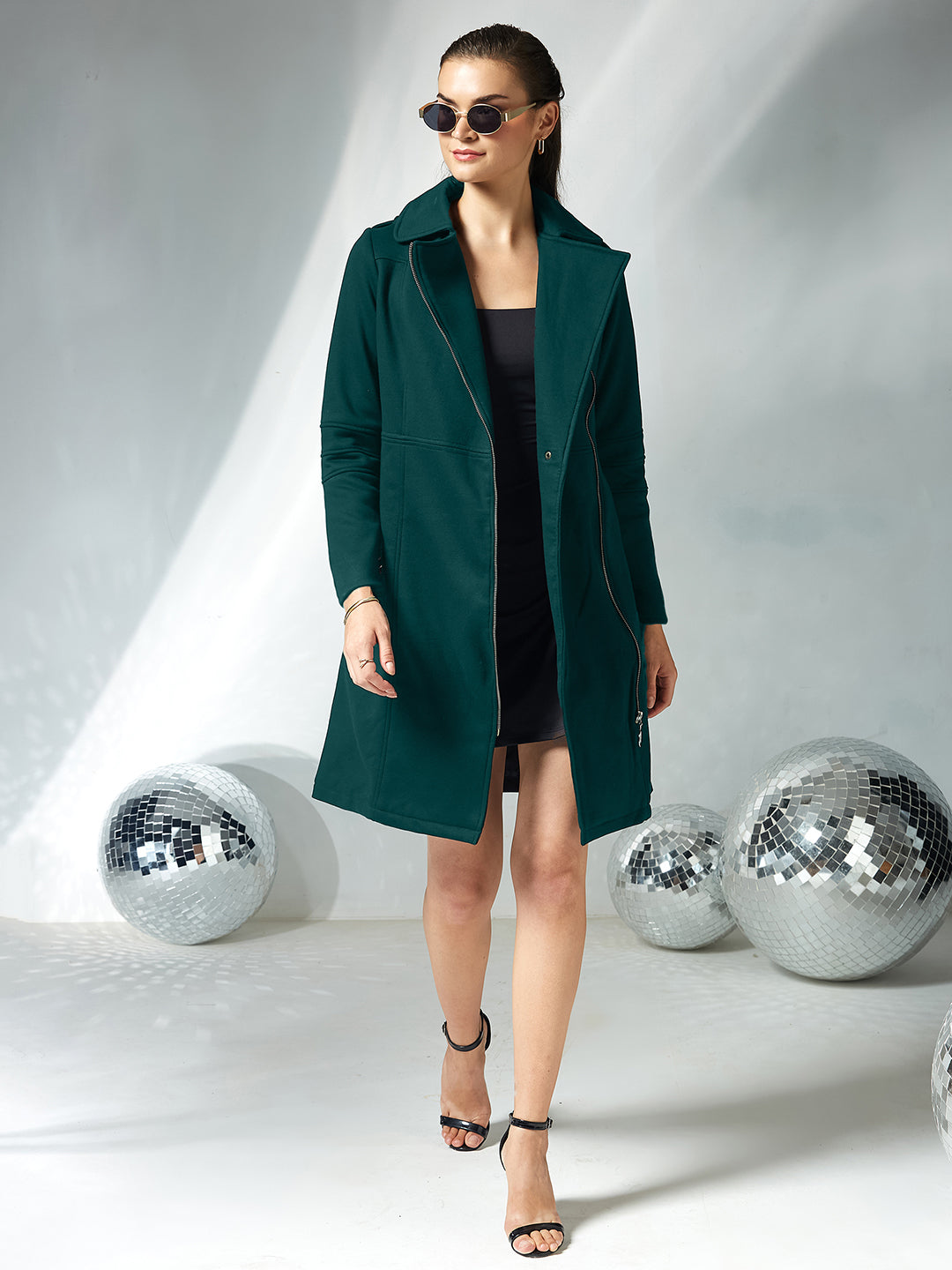 Women's Dark Green Notch Collar Multi Panelled Full Sleeve Solid Double Breasted Knee Length Jacket