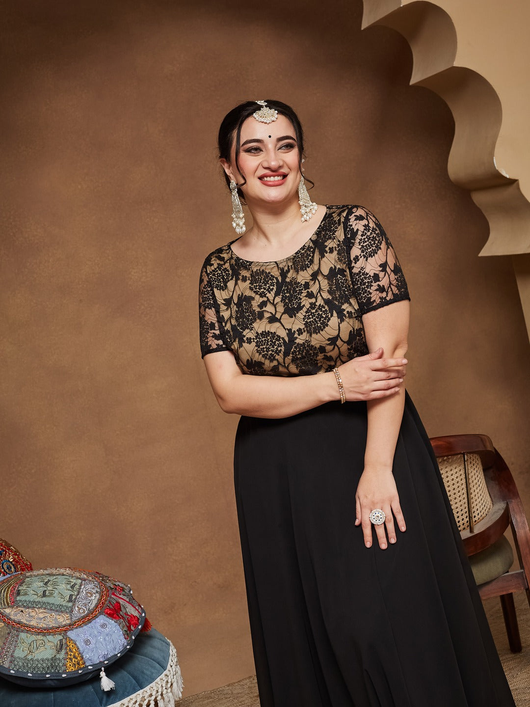 Black Round Neck Half Sleeve Self Design Fit & Flare Georgette Maxi Dress for Women