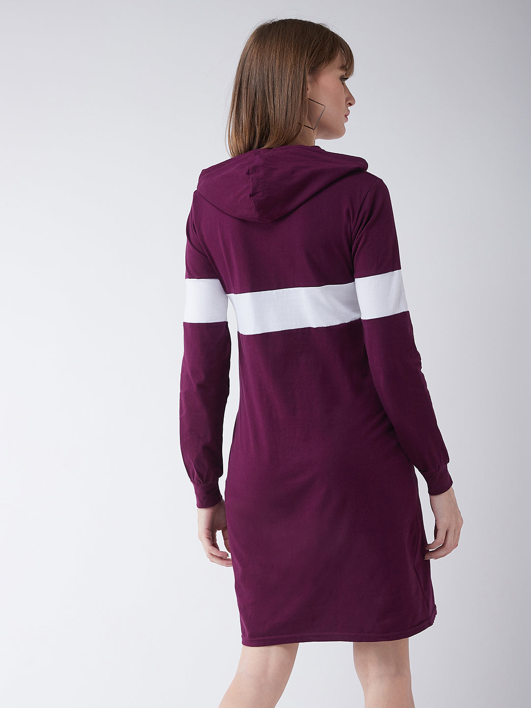 Women's Magenta Round Neck Full Sleeve Solid Knee-Long Hooded Dress