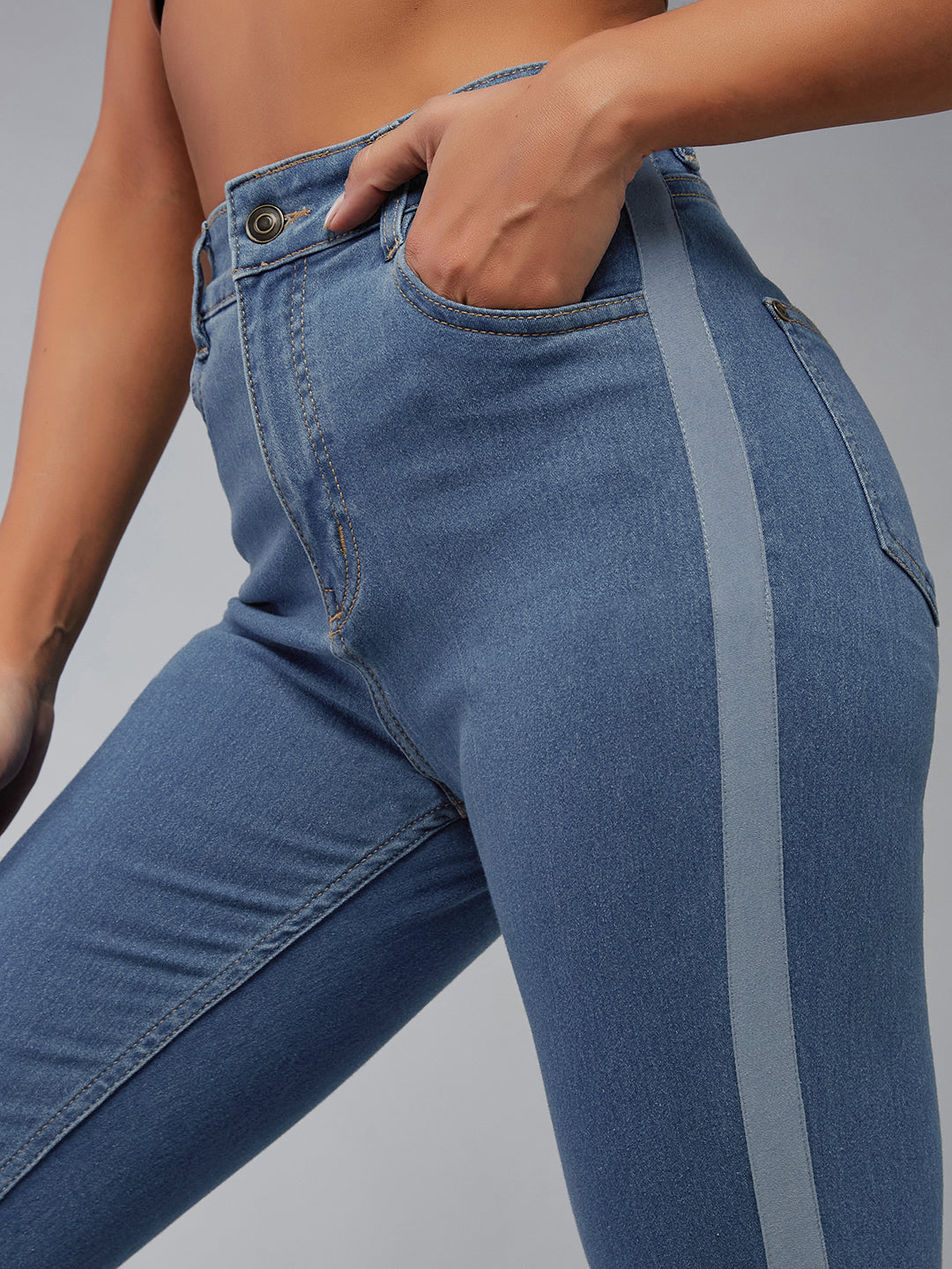 Women's Blue Skinny High Rise Clean Look Fringe And Silky Denim Tape Detailing Cropped Denim Jeans