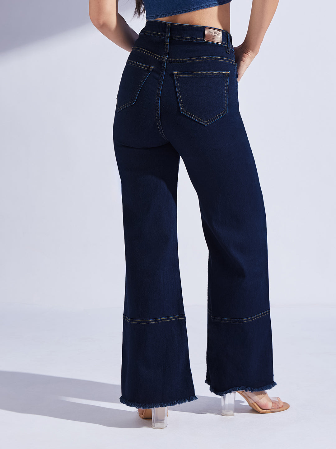 Women's Navy Blue Wide Leg High-Rise Regular-Length Stretchable Denim Jeans