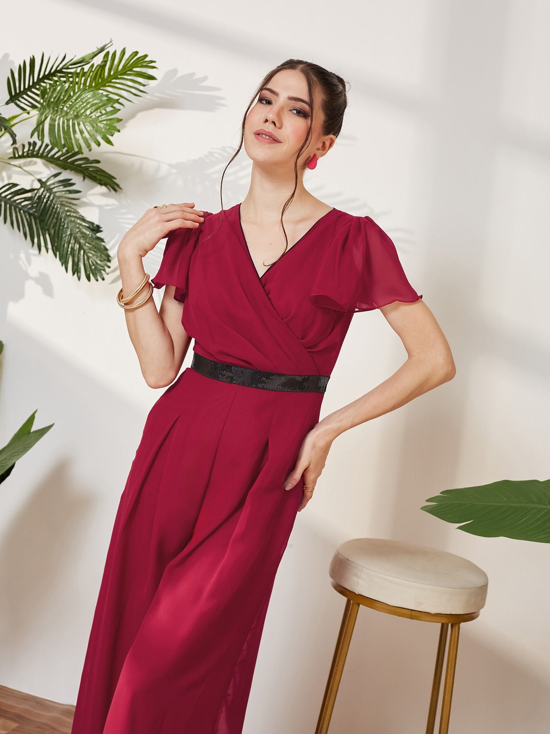 Pink Solid Relaxed Fit Short Sleeve V-Neck Ankle-Length Straight Jumpsuit  for Women